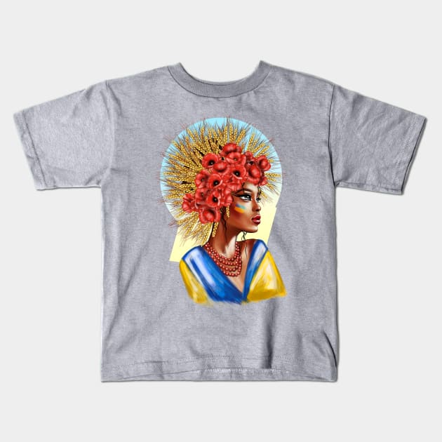 Ukrainian woman with national flag with wheat and flowers Kids T-Shirt by Olena Tyshchenko